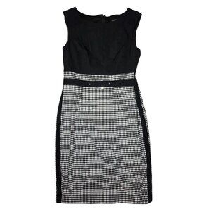 WHBM Black White Sleeveless Houndstooth Print Pencil Dress Side Stripes 6